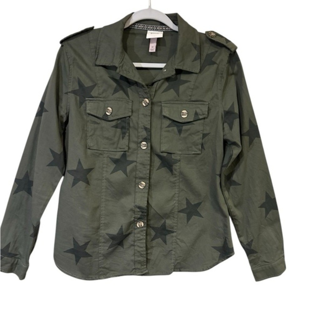 Knox Rose Women Utility Shirt Jacket Green Medium Star Print Military Shacket
